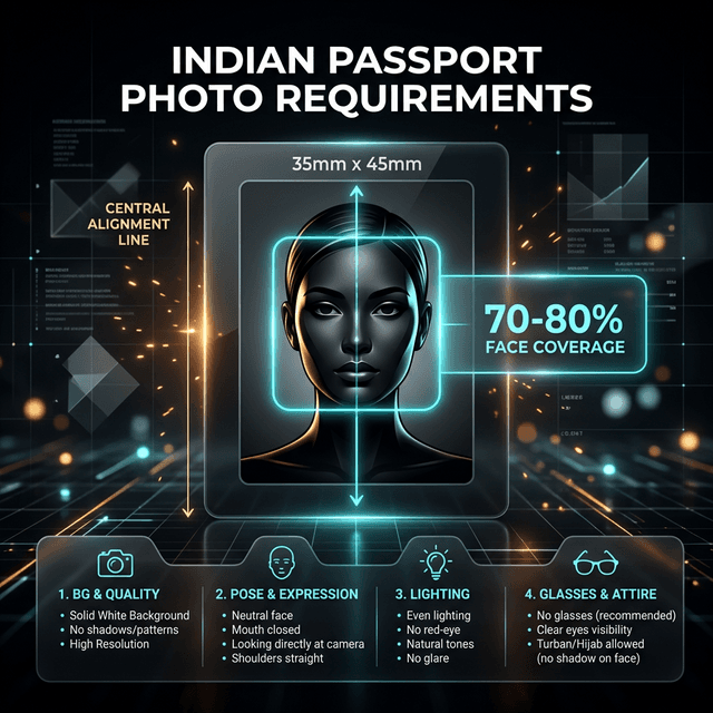 Indian passport photo size 35x45mm diagram — face coverage and head height requirements