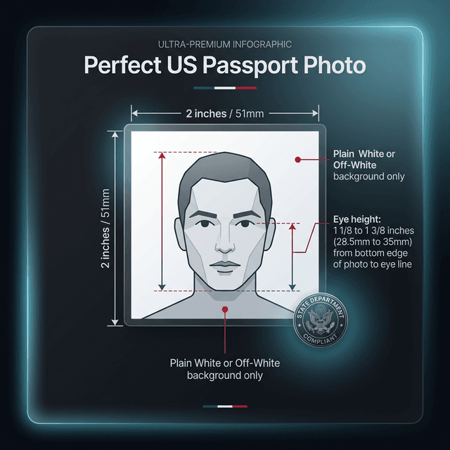 US passport photo size requirements diagram — 2x2 inch 51x51mm head height measurement guide