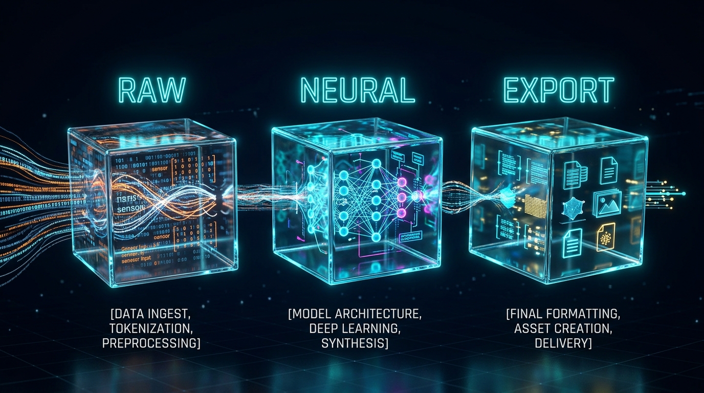 3D floating blocks representing neural pipeline stages for PNG to JPG conversion on img.ubify