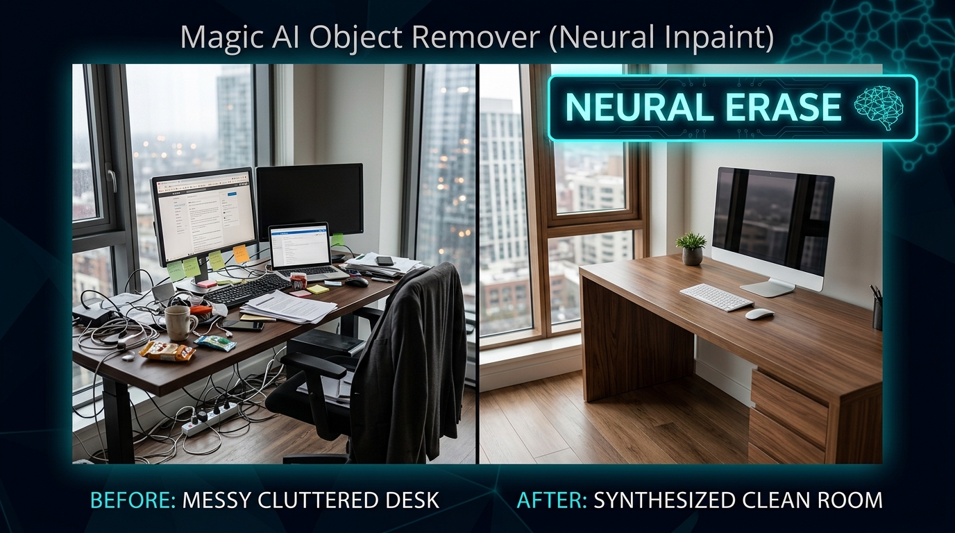 AI object removal before and after showing seamless neural inpainting on img.ubify