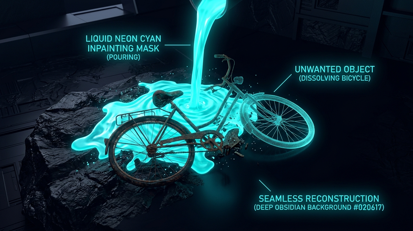 Liquid neon cyan inpainting mask flowing over unwanted object on img.ubify