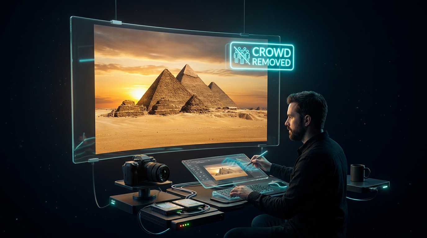 Travel photographer workspace showing AI-erased crowd from a landmark photo on img.ubify