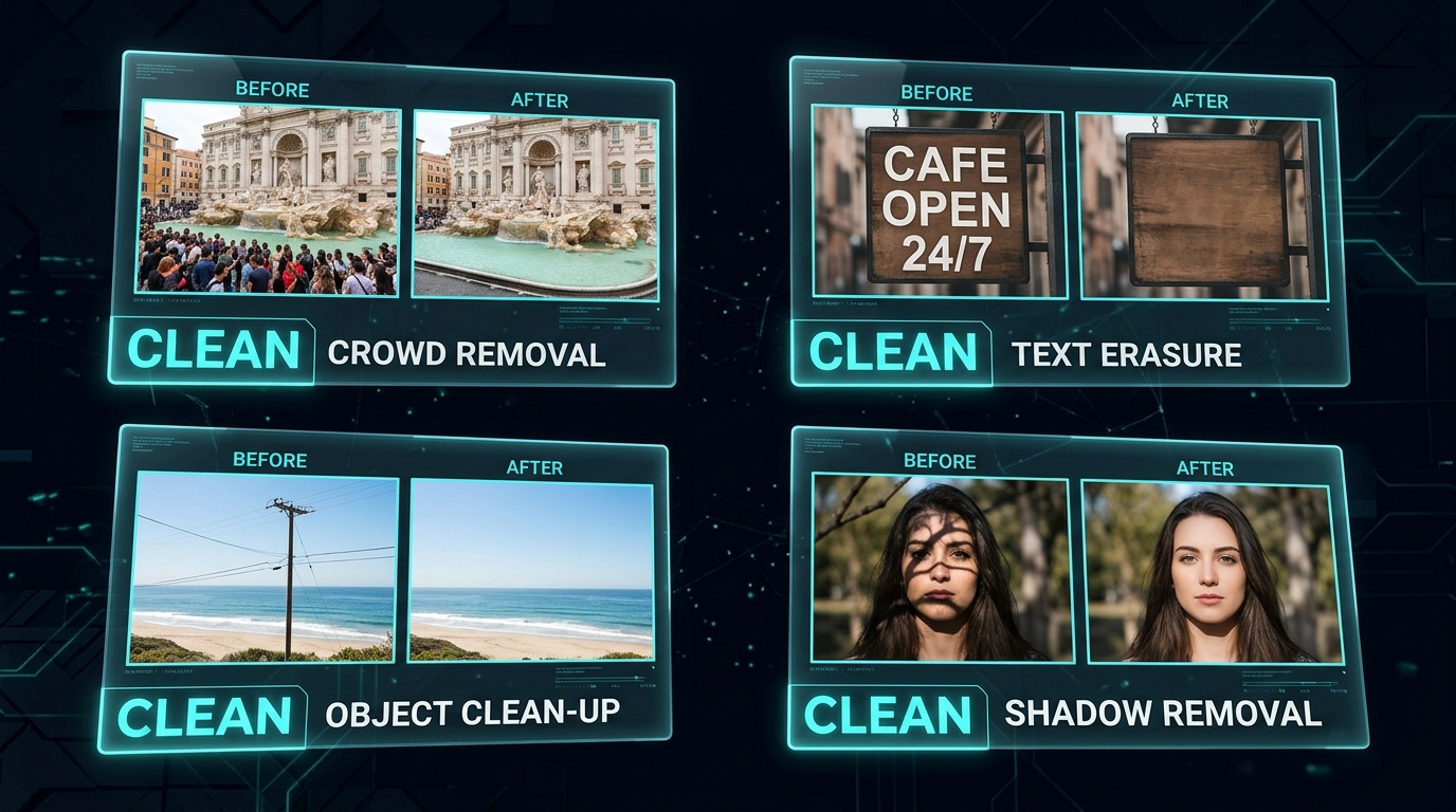 3D display of four AI object removal use cases — crowd, text, shadows, objects — on floating glass panels on img.ubify