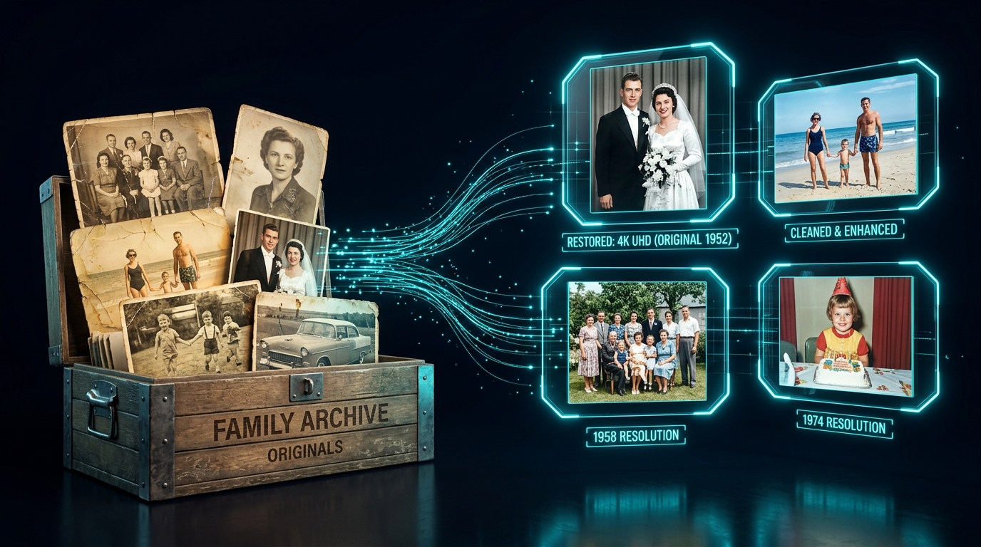 Family archive box with aged photos being transformed into sharp 4K restored versions on img.ubify