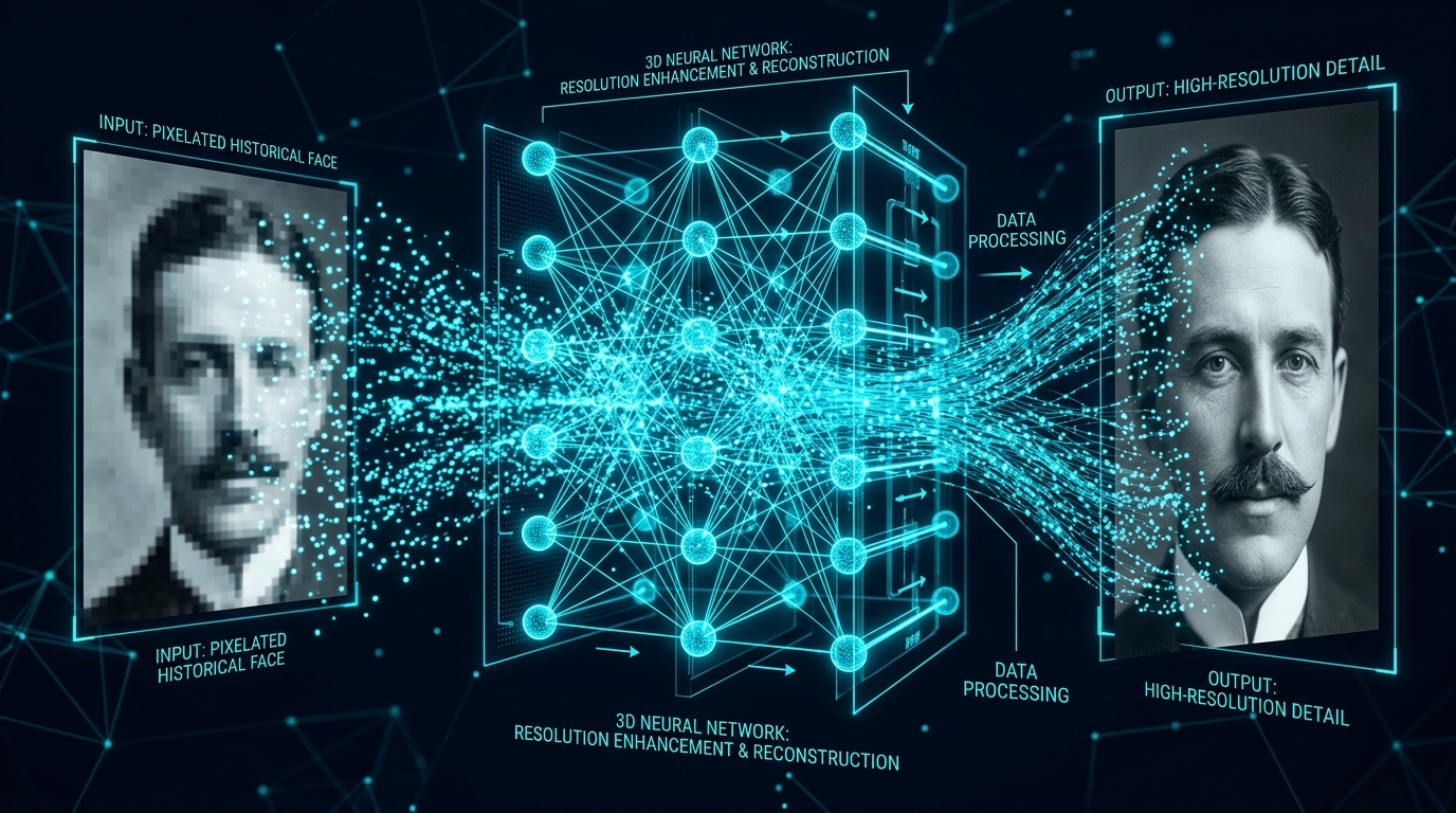 Neural network visualization reconstructing a pixelated historical face into sharp 4K detail on img.ubify