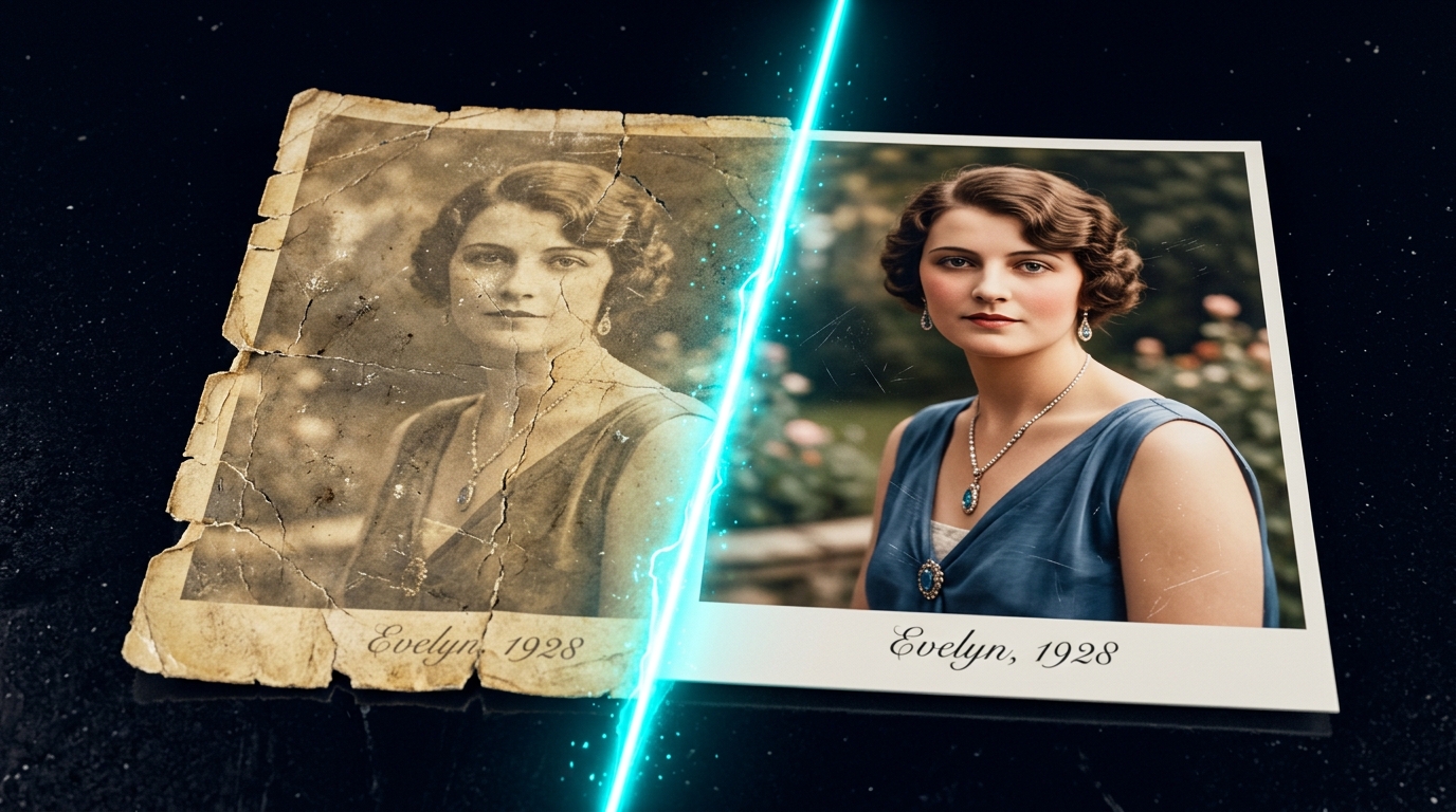 Before and after: vintage torn photograph reconstructed with AI neural restoration on img.ubify