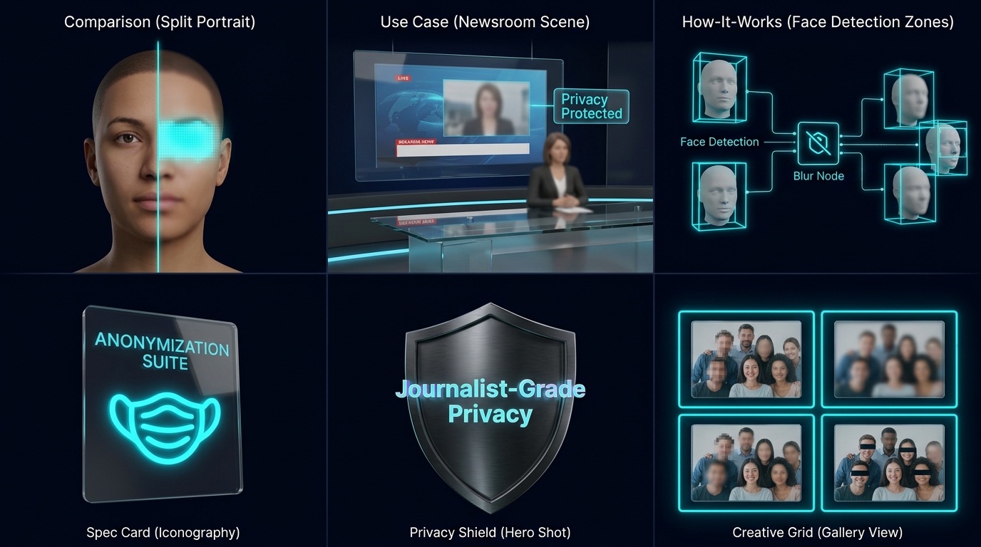 3D split portrait showing AI face blurring with neon field over eyes on img.ubify