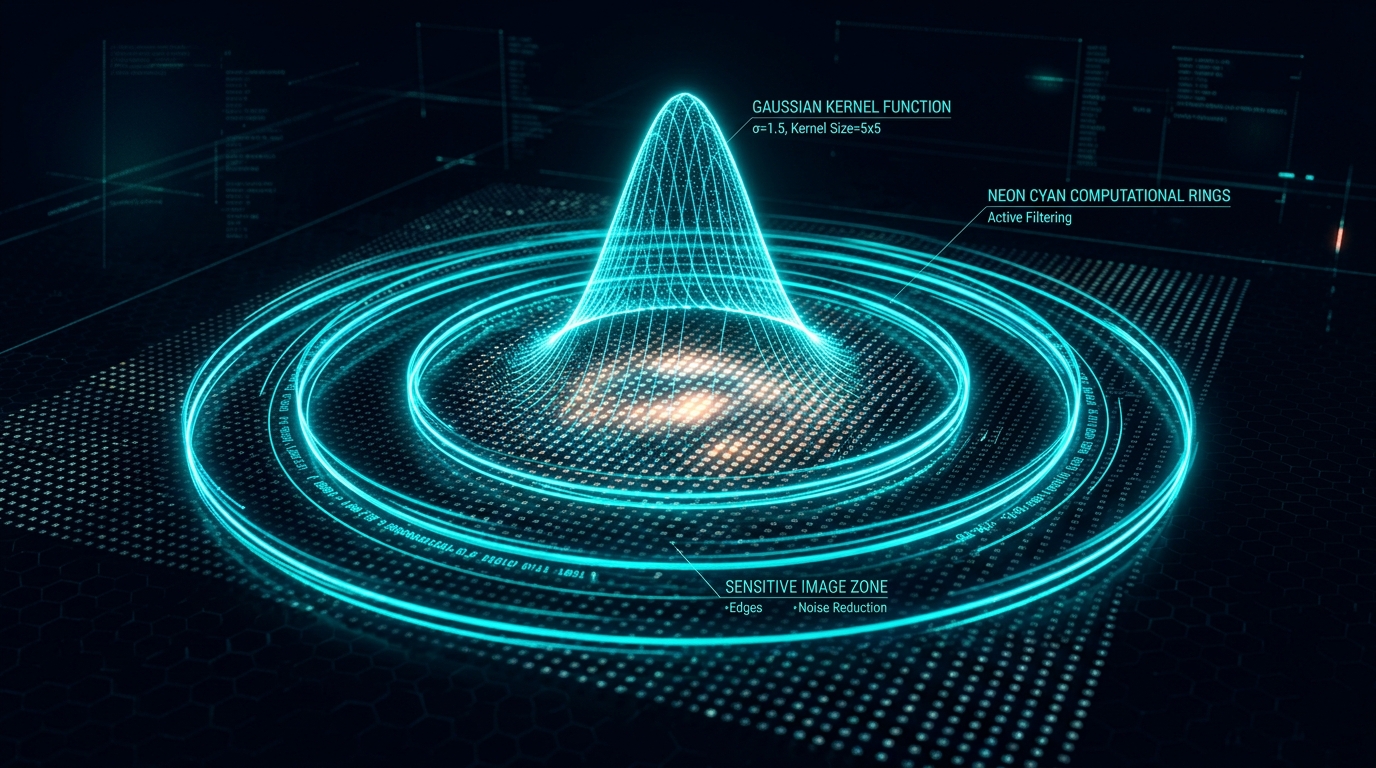 Blur Image โ img.ubify Gaussian kernel pass visualization showing neon cyan rings rippling over sensitive zones on img.ubify