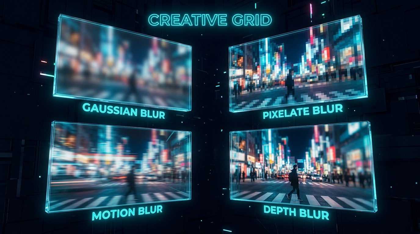 Blur Image Tool โ img.ubify 3D layout of four blur modes โ Gaussian, Pixelate, Motion, Depth โ on floating glass panels on img.ubify