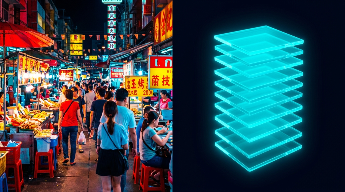 Extract Palette: Visual Gallery โ img.ubify High-vibrancy photo with primary colors pulled into glowing neon glass swatches on img.ubify