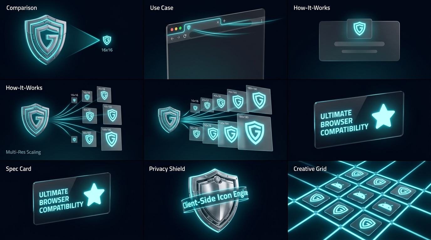 3D logo being shrunk into razor-sharp 16x16 neon cyan pixel favicon icon on img.ubify