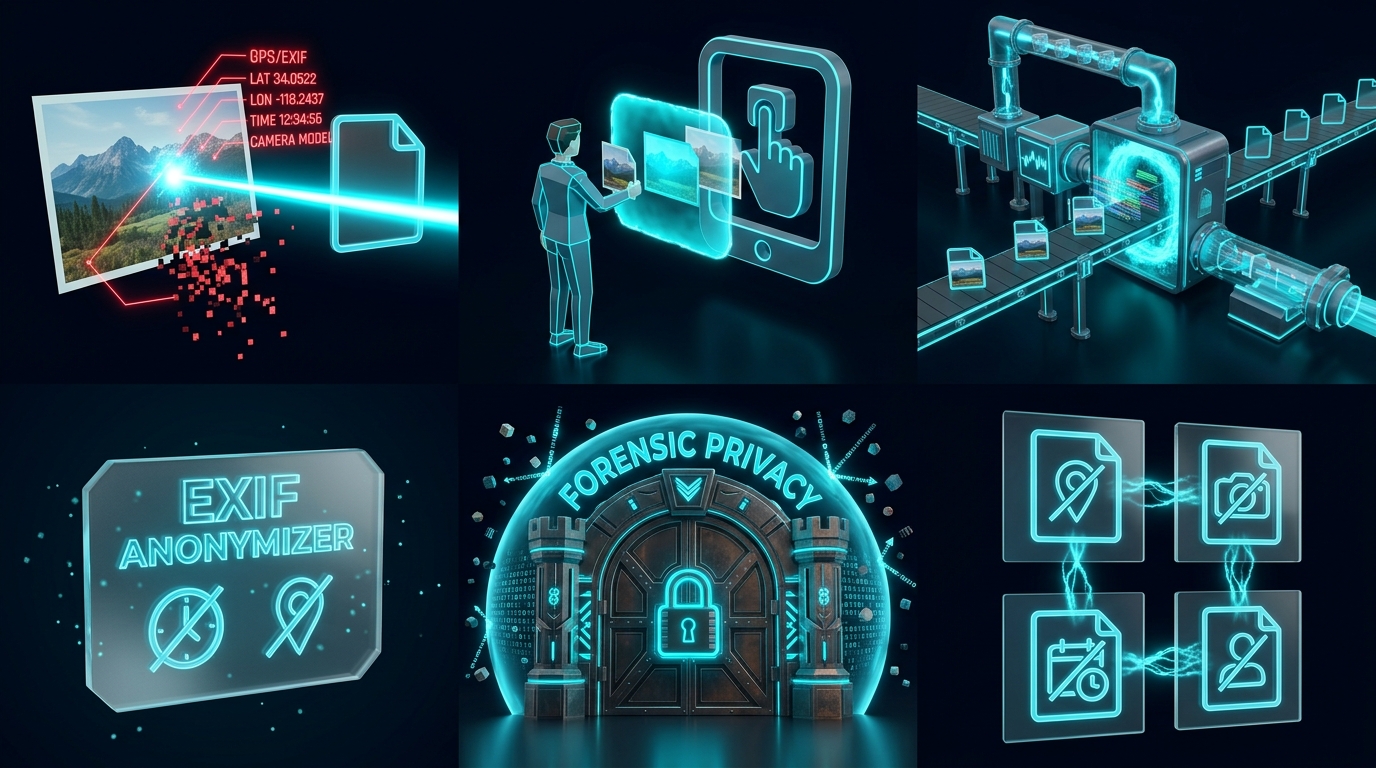 Infographic showing GPS and EXIF data being scrubbed from image metadata on img.ubify
