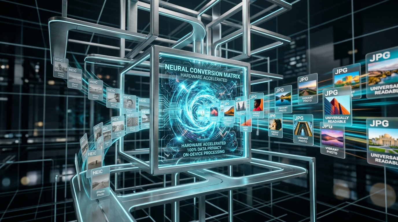HEIC to JPG Conversion Matrix โ img.ubify High-fidelity Neural Conversion Matrix transforming HEIC photos to JPG locally on img.ubify