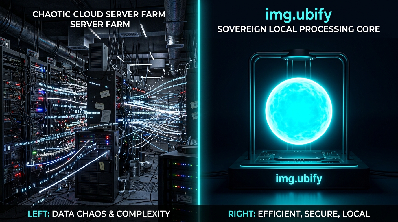 3D panoramic comparison of chaotic cloud server farm vs img.ubify sovereign local processing core