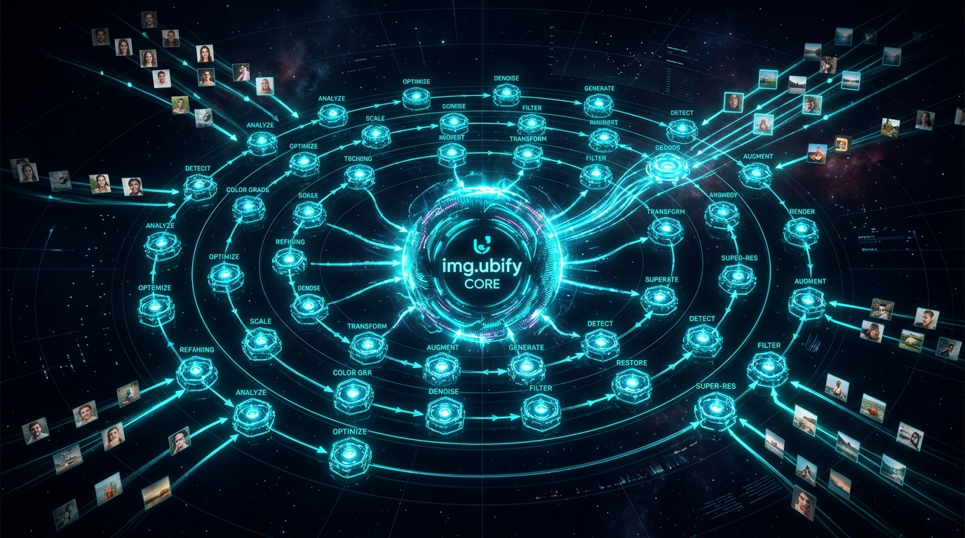 3D cosmic visualization of 35+ tool nodes orbiting the img.ubify core sphere, all processing locally