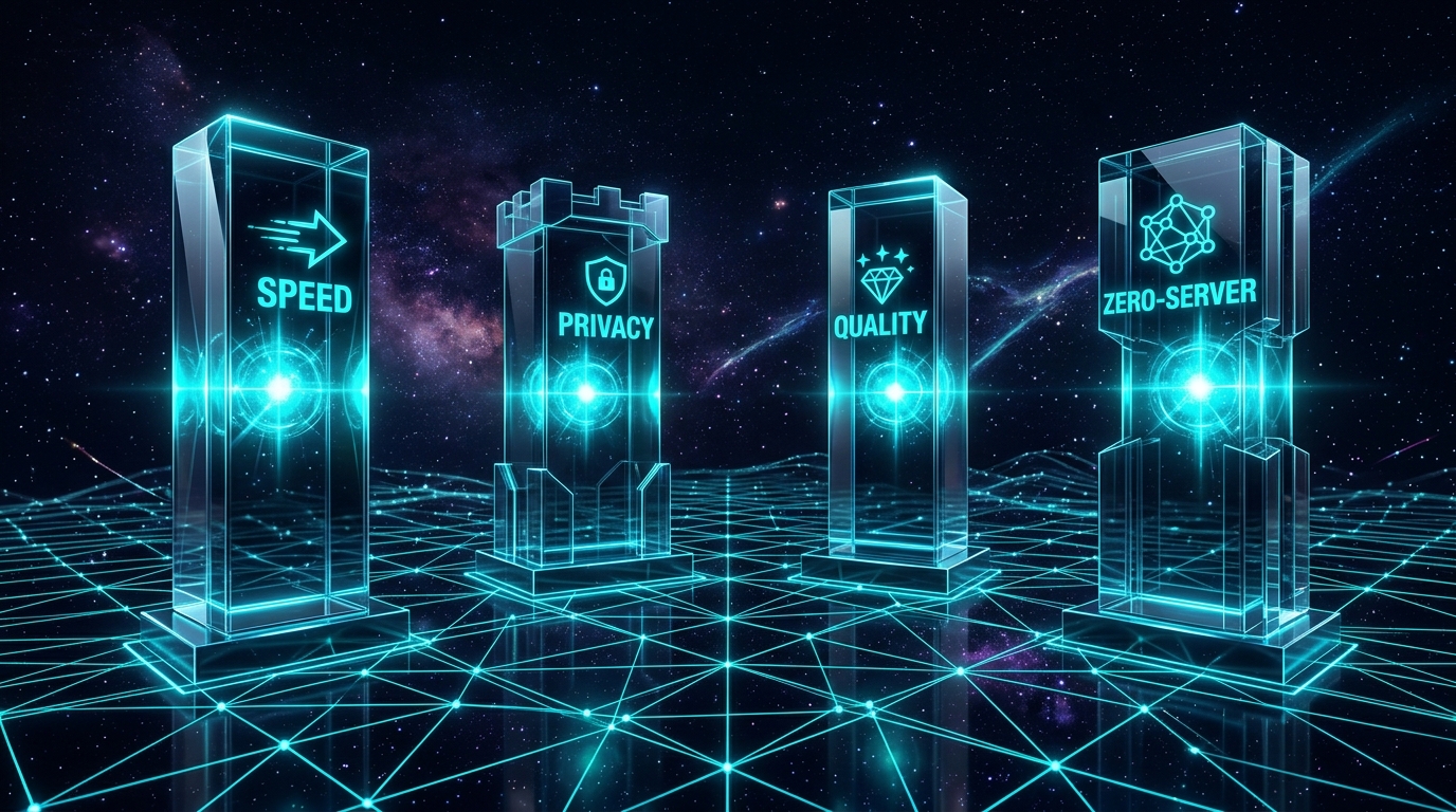 3D cosmic grid of four platform pillars — Speed, Privacy, Quality, Hybrid — as towering glass monoliths on img.ubify