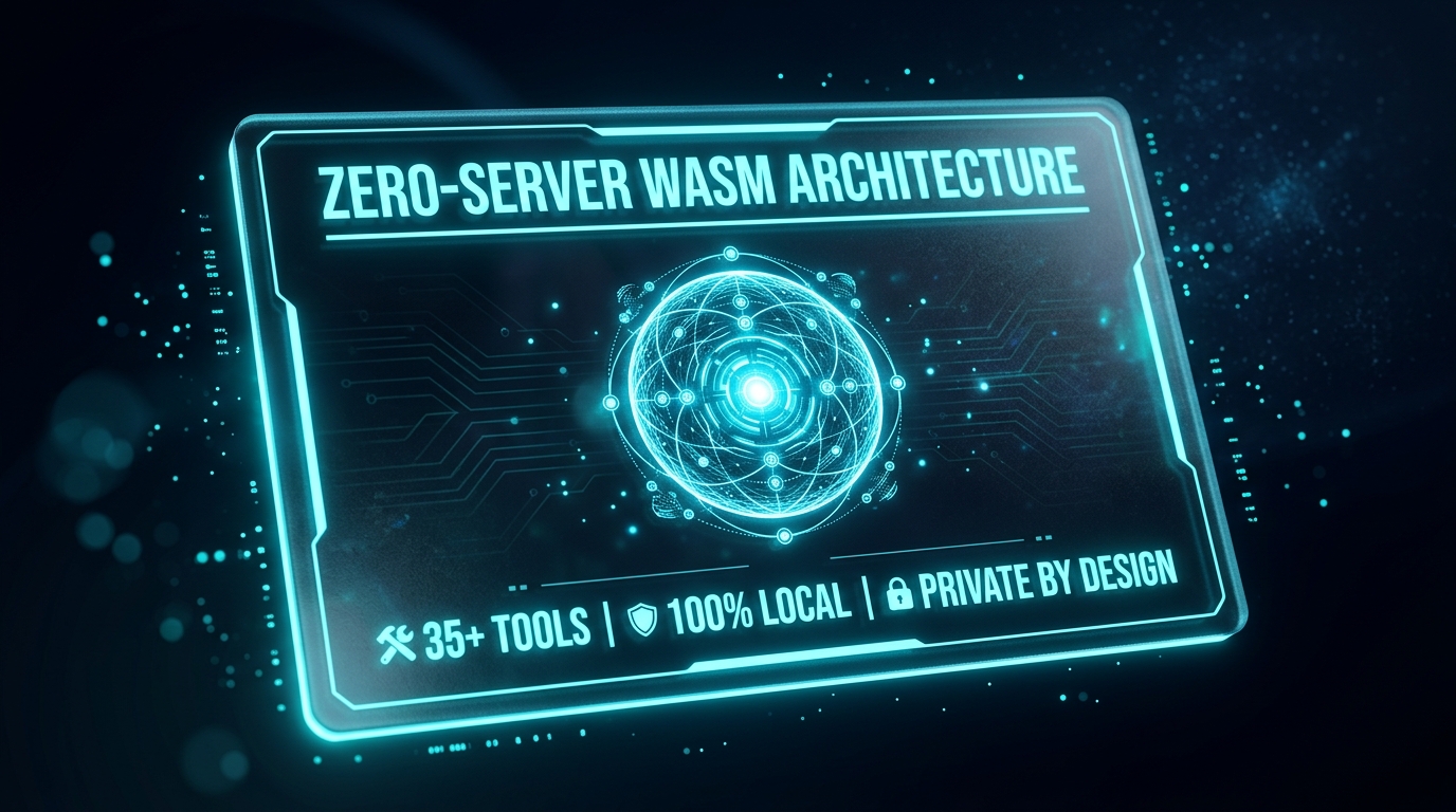 Heroic frosted glass specification card showing zero-server WASM architecture of img.ubify