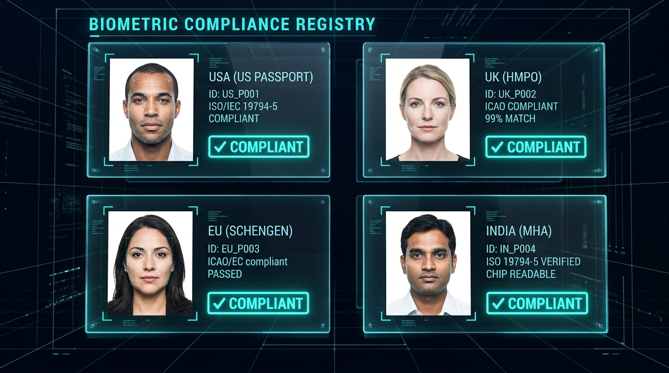 3D layout of four extracted biometric portraits with US, UK, EU, India compliance stamps on img.ubify