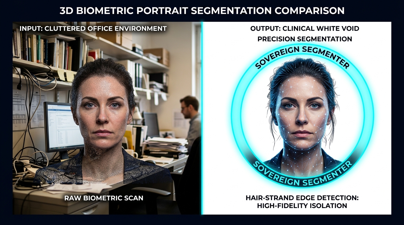 ID photo background remover showing biometric portrait with clean white studio background on img.ubify