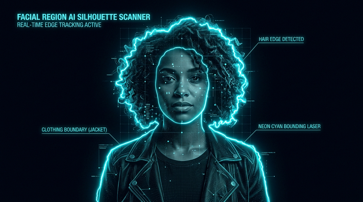 AI face-region silhouette scanner with neon cyan laser tracking edges on img.ubify