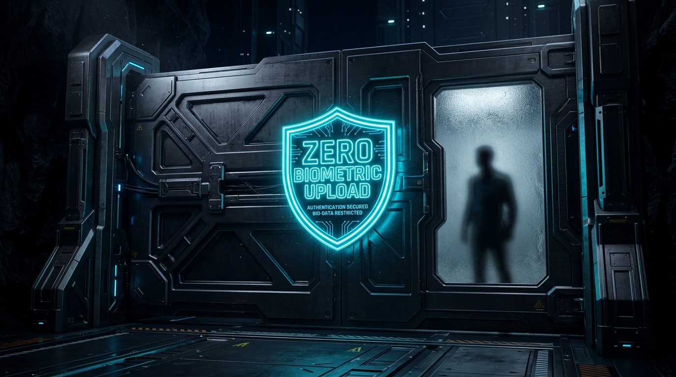 Metallic fortress gate protecting biometric data with zero-upload badge on img.ubify