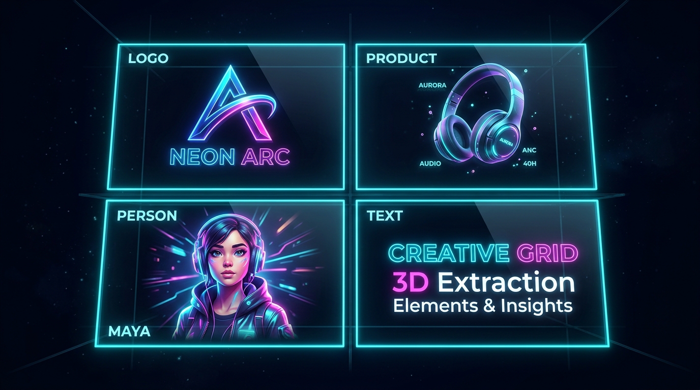 JPG to PNG Converter â img.ubify 3D grid of extracted subjects â logo, product, person, text â on transparent glass panels on img.ubify