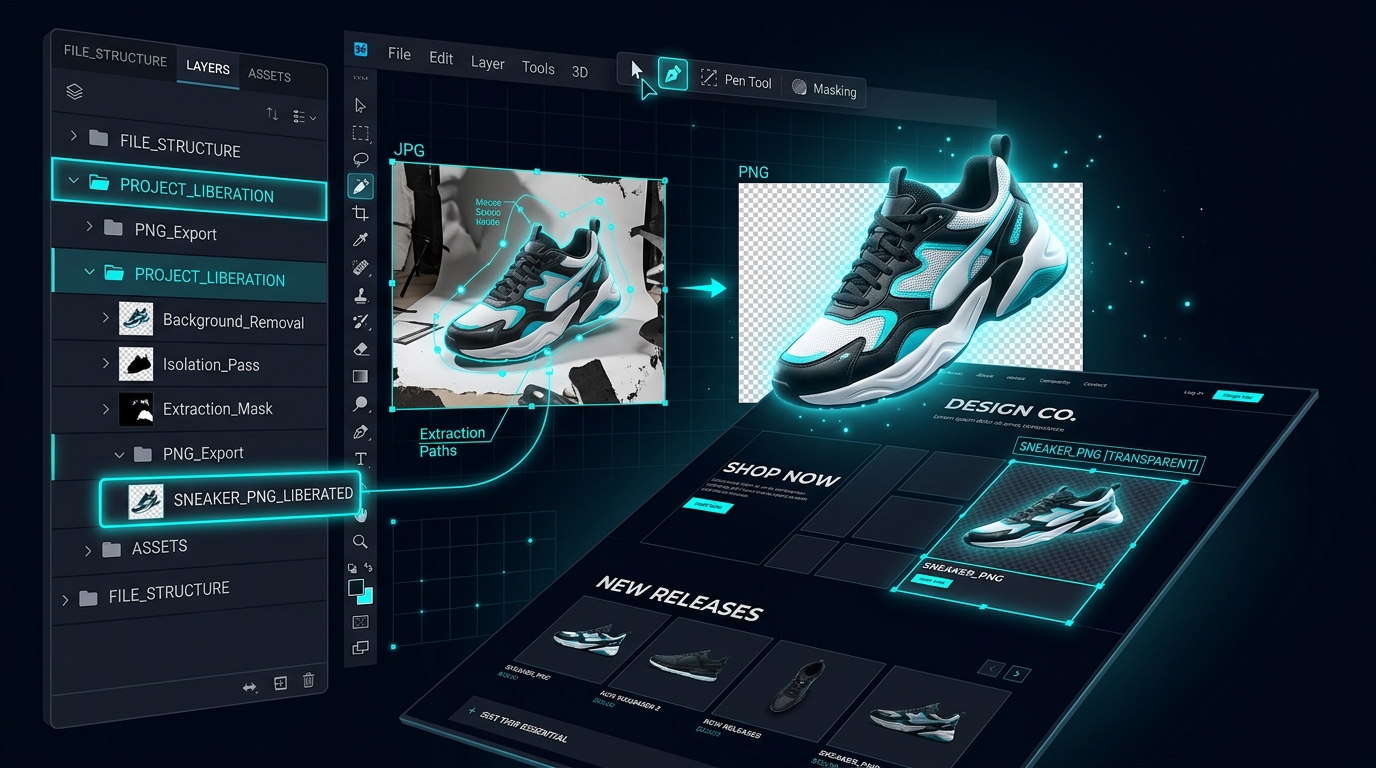 Compositing Sovereignty â img.ubify Graphic designer layer stack showing JPG asset liberated into transparent PNG on img.ubify