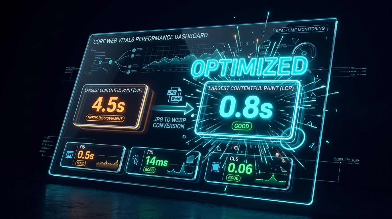 Core Web Vitals LCP dashboard showing dramatic improvement after JPG to WebP conversion on img.ubify