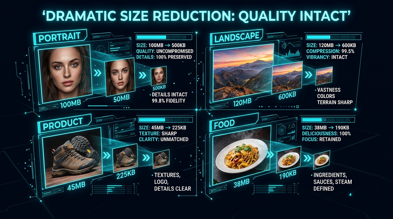 3D photography category grid showing dramatic size reduction in JPG to WebP conversion on img.ubify