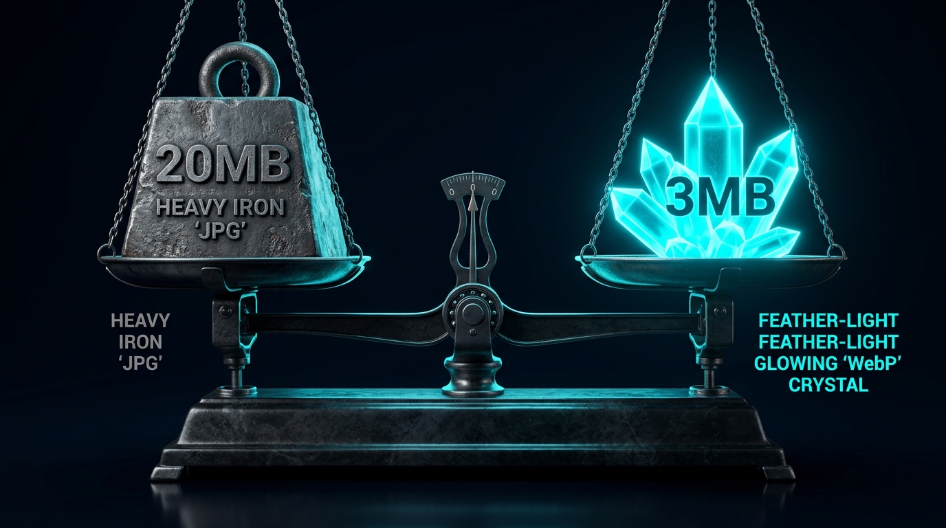 JPG to WebP format comparison showing dramatic file size reduction on a weighing scale on img.ubify