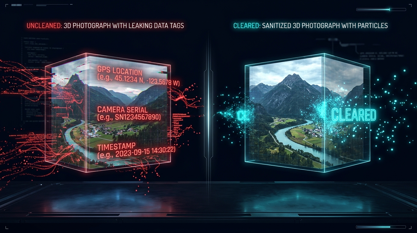 EXIF GPS and timestamp metadata being stripped from a photograph with neural data scrubbing on img.ubify