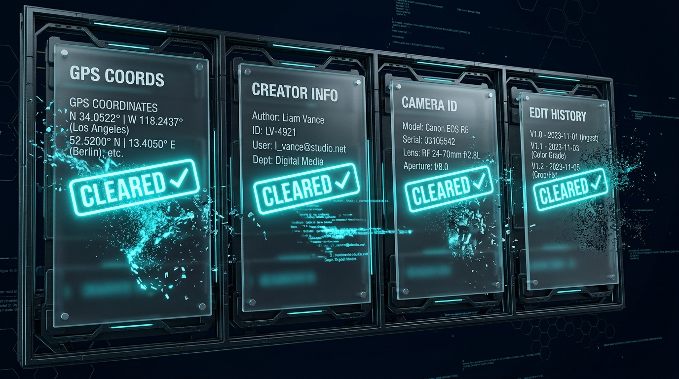 3D grid of four data types being erased — GPS, Creator, Camera ID, Edit History — with CLEARED stamps on img.ubify