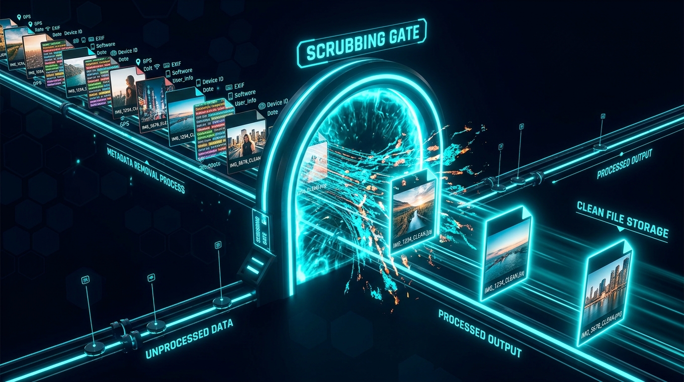 Image files passing through neon cyan scrubbing gate stripping metadata on img.ubify
