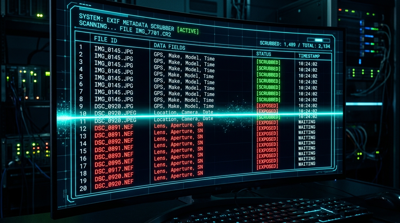 Cybersecurity terminal showing EXIF metadata rows turning from red exposed to green scrubbed on img.ubify