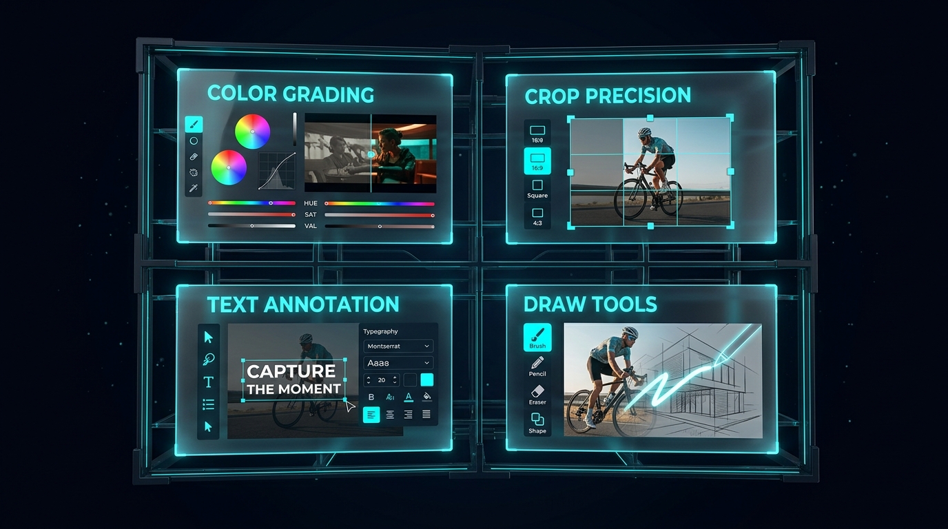 Neural Photo Editor โ img.ubify 3D grid of four studio features โ Color Grading, Crop Precision, Text Annotation, Draw Tools โ on glass panels on img.ubify