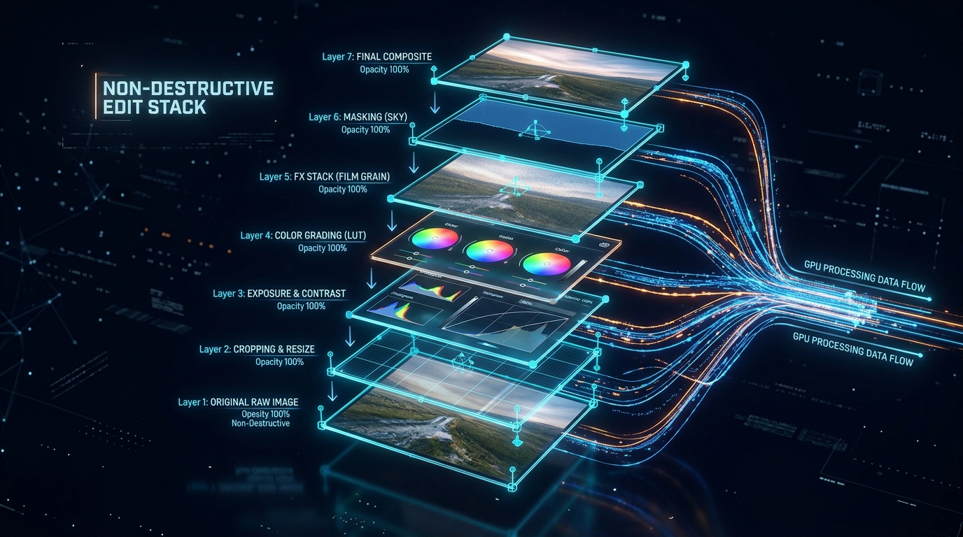 Photo Editor โ img.ubify Non-destructive edit stack with floating layer cards and GPU data streams on img.ubify