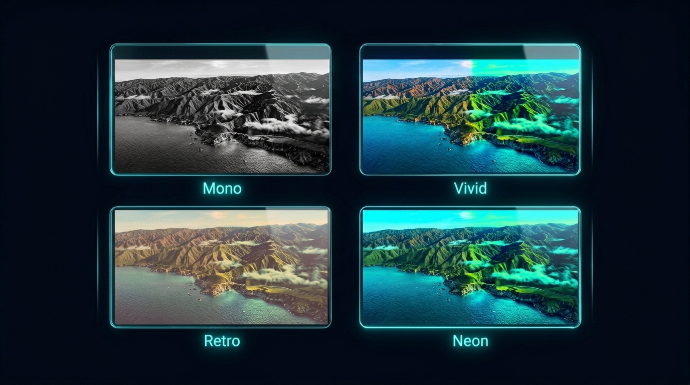 Cinematic photo filter studio showing color grading and film simulation on img.ubify