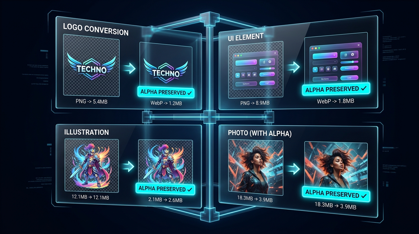 3D display of four PNG to WebP output types — logos, UI, illustrations, photos — on glass panels on img.ubify