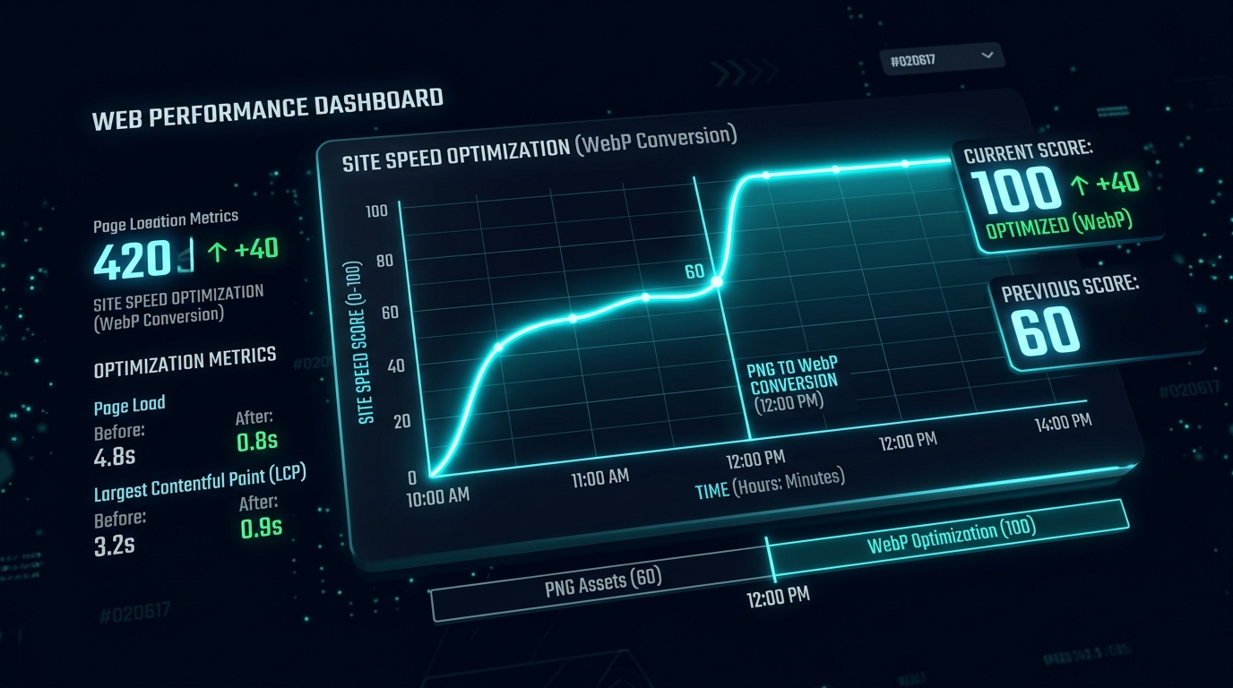 Web performance dashboard showing score jump from 60 to 100 after PNG to WebP conversion on img.ubify