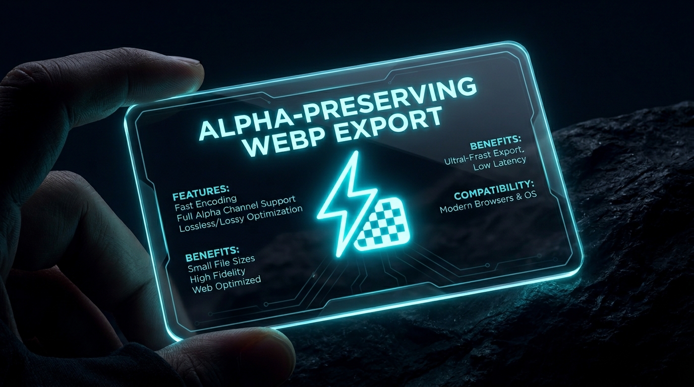 Technical specification card for high-performance PNG to WebP conversion with alpha support on img.ubify