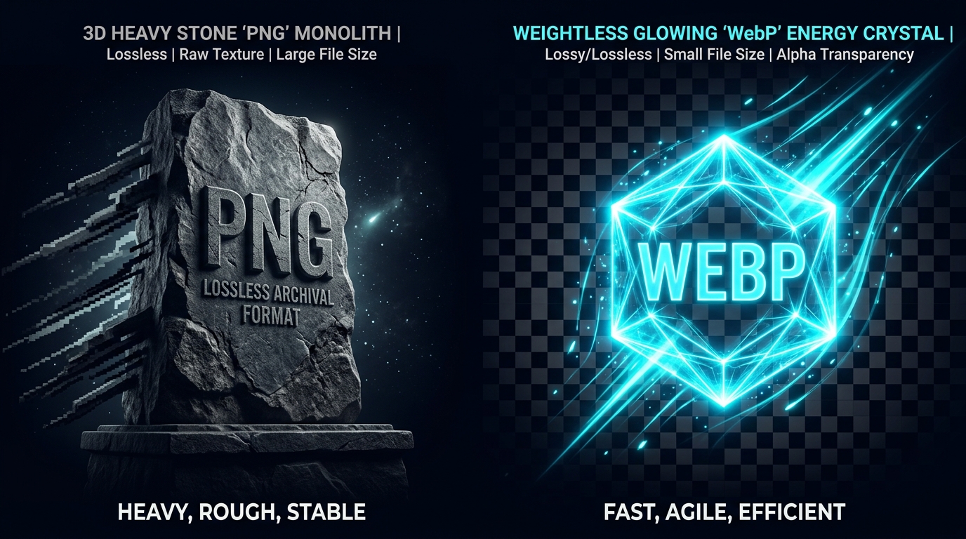 PNG to WebP format comparison showing file size reduction and alpha-channel preservation on img.ubify