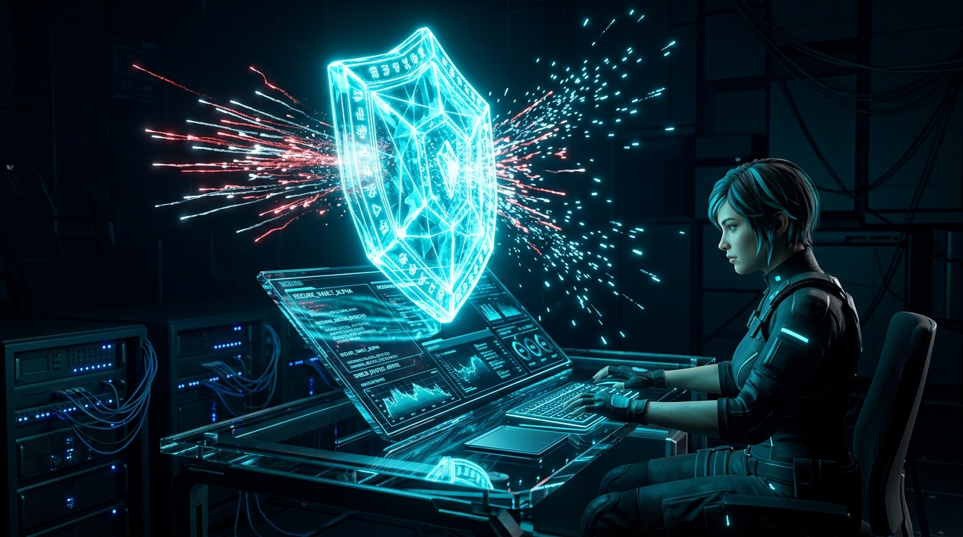 Sovereign Privacy Shield with person at terminal protecting DPI metadata locally on img.ubify