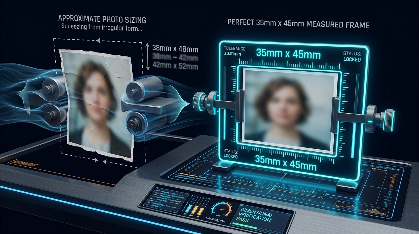 Photo being squeezed into a precise 35mm frame with neon cyan digital ruler on img.ubify