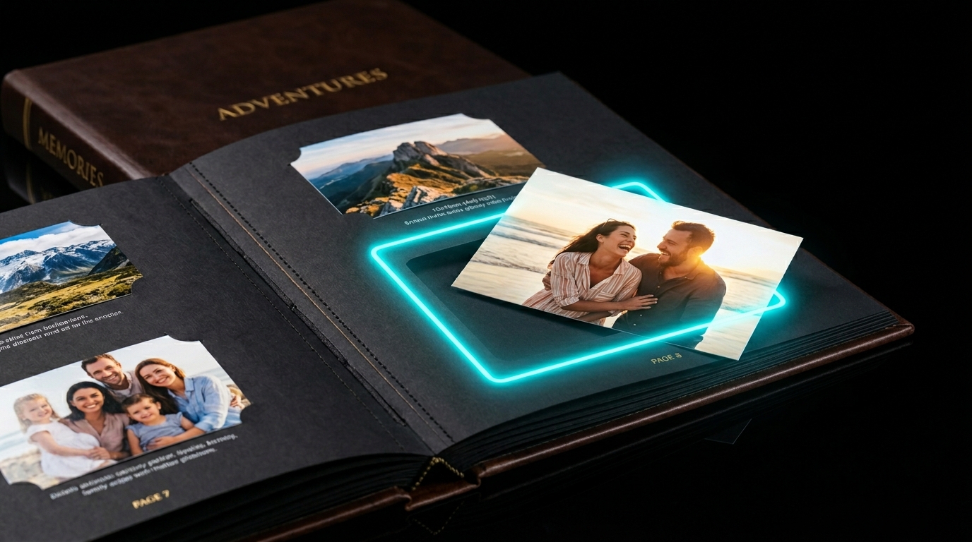 Professional photo album with perfectly sized image clicking into a slot on img.ubify