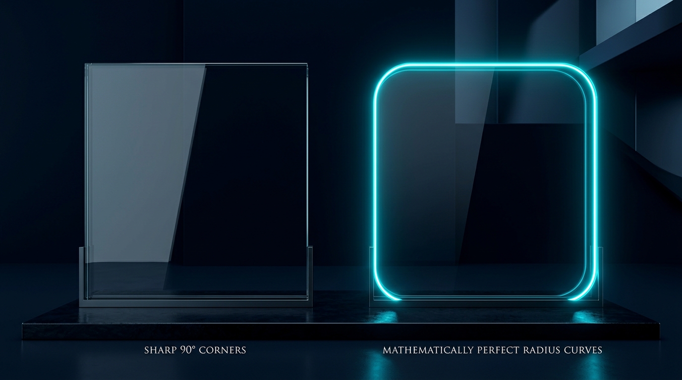 Round Corners โ img.ubify Two glass panes side by side โ sharp 90-degree corners vs perfect neon-traced radius curves on img.ubify