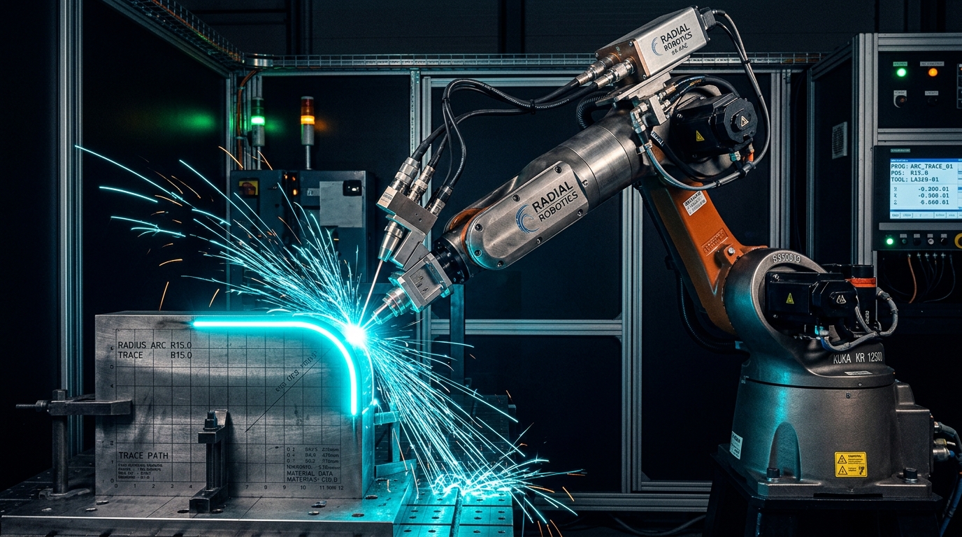 Aesthetic Geometry Studio โ img.ubify Robotic laser arm tracing a perfect corner radius arc on glass panels for image rounding on img.ubify
