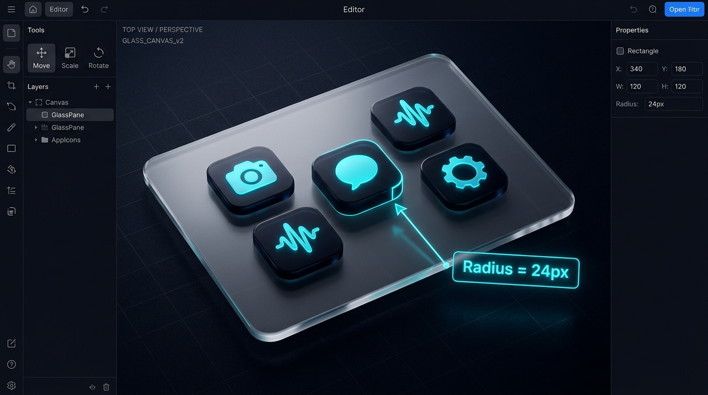 Round Corners โ img.ubify UI designer canvas with app icons featuring perfectly rounded corners on img.ubify
