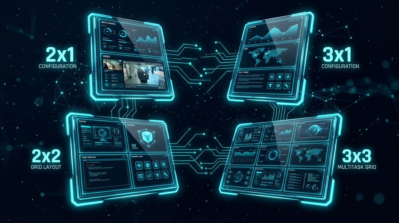 3D display of four split configurations — 2x1, 3x1, 2x2, 3x3 — floating on glass tiles on img.ubify