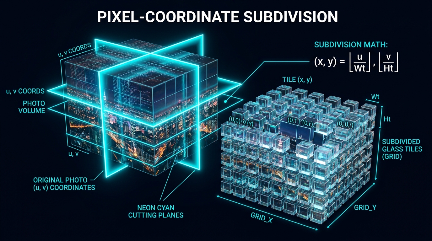 Pixel-coordinate subdivision visualization with neon cyan cutting planes on img.ubify