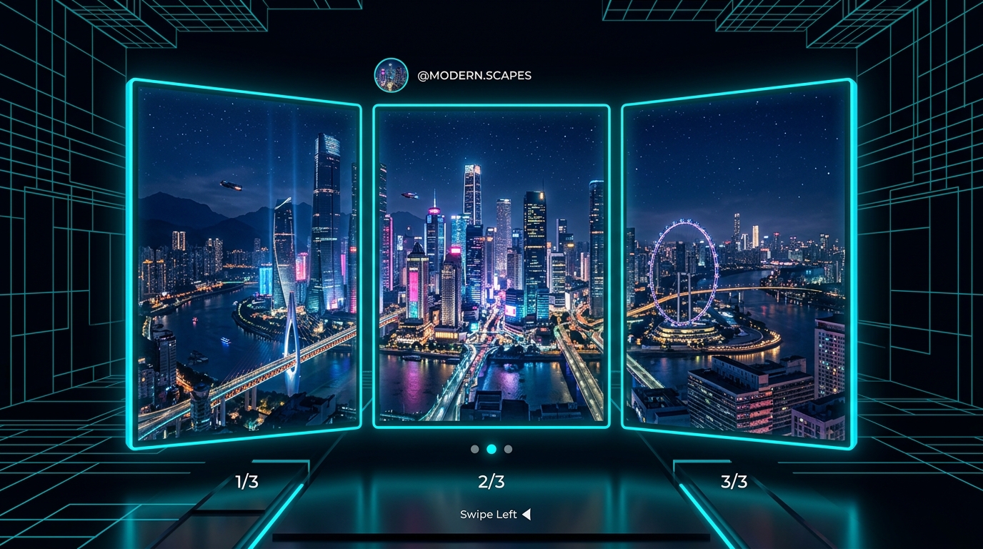 3D Instagram carousel mockup showing panoramic split into seamless tiles on img.ubify